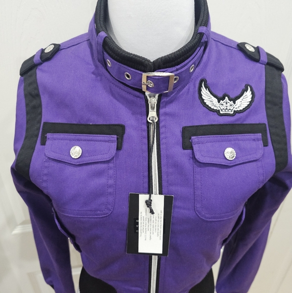 ~SOLD~ 1 RMT Raw Blue Pink Purple Moto Patch Buckle Collar Zip Up Jacket Coat S - Picture 12 of 16
